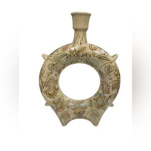 2Pcs Decorative Ceramic Ring Vase with Floral Pattern, Cream and Sage, Unique